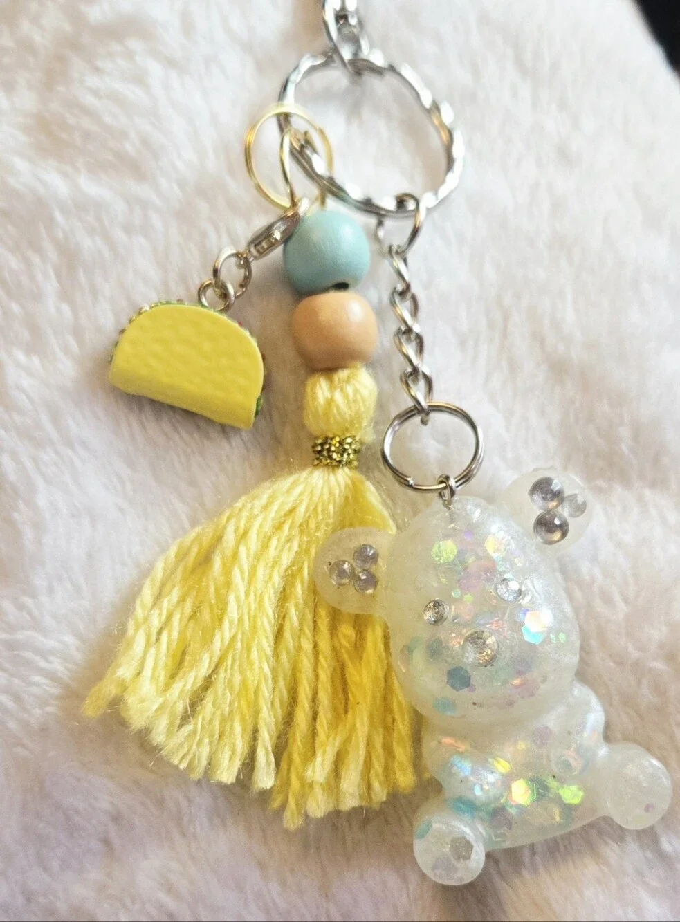 Yellow Tassel Keychain with Glitter Bear and Taco Charm