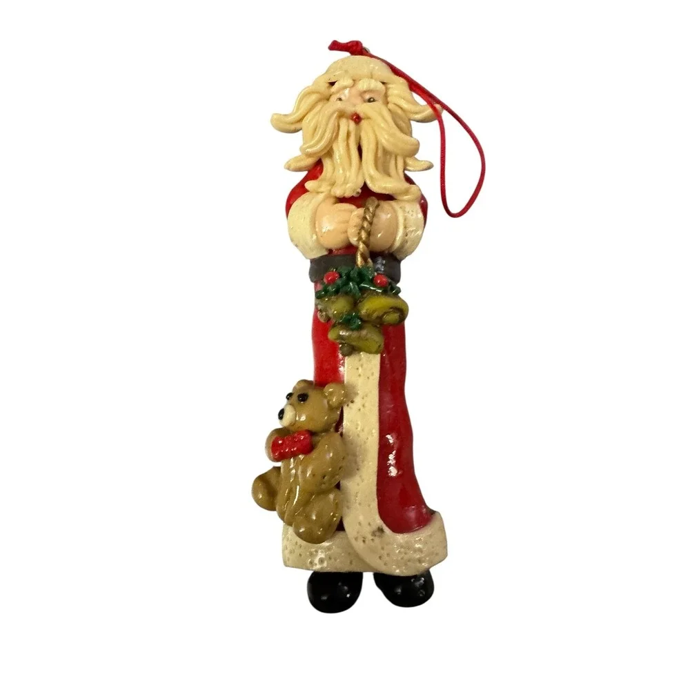 Vintage Style Santa Claus Christmas Ornament with Teddy Bear and Bells Red 4.5in