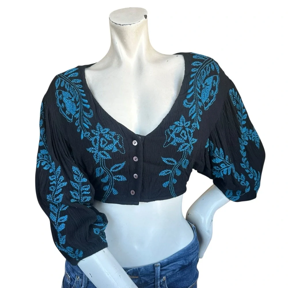 Free People Black Blue Gauze Embroidered Fairy Puff Sleeve Button Down Crop Top