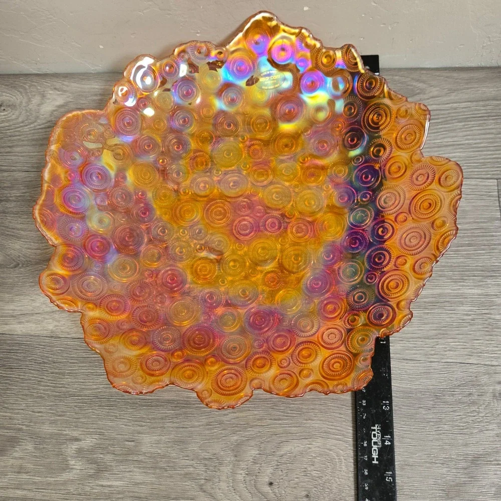 AKCAM Orange Carnival Glass Bowl Ruffled Bullseye Iridescent Turkey Art
