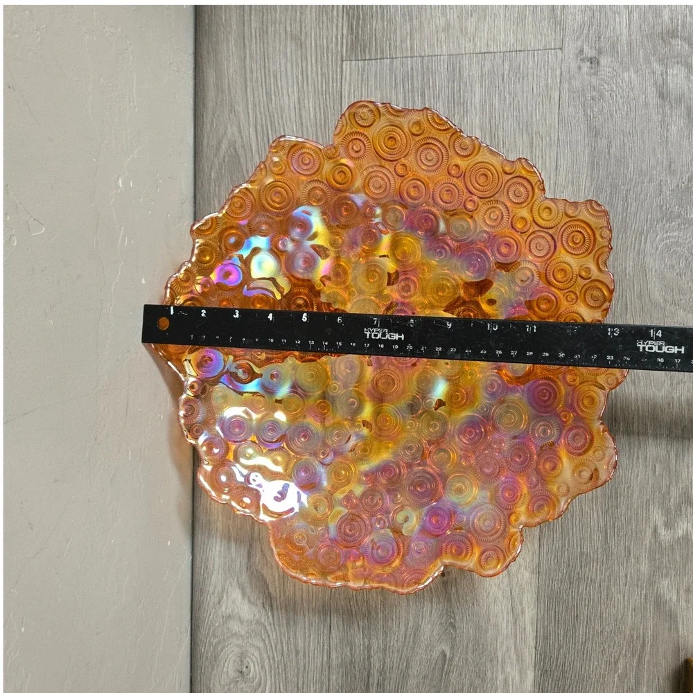 AKCAM Orange Carnival Glass Bowl Ruffled Bullseye Iridescent Turkey Art