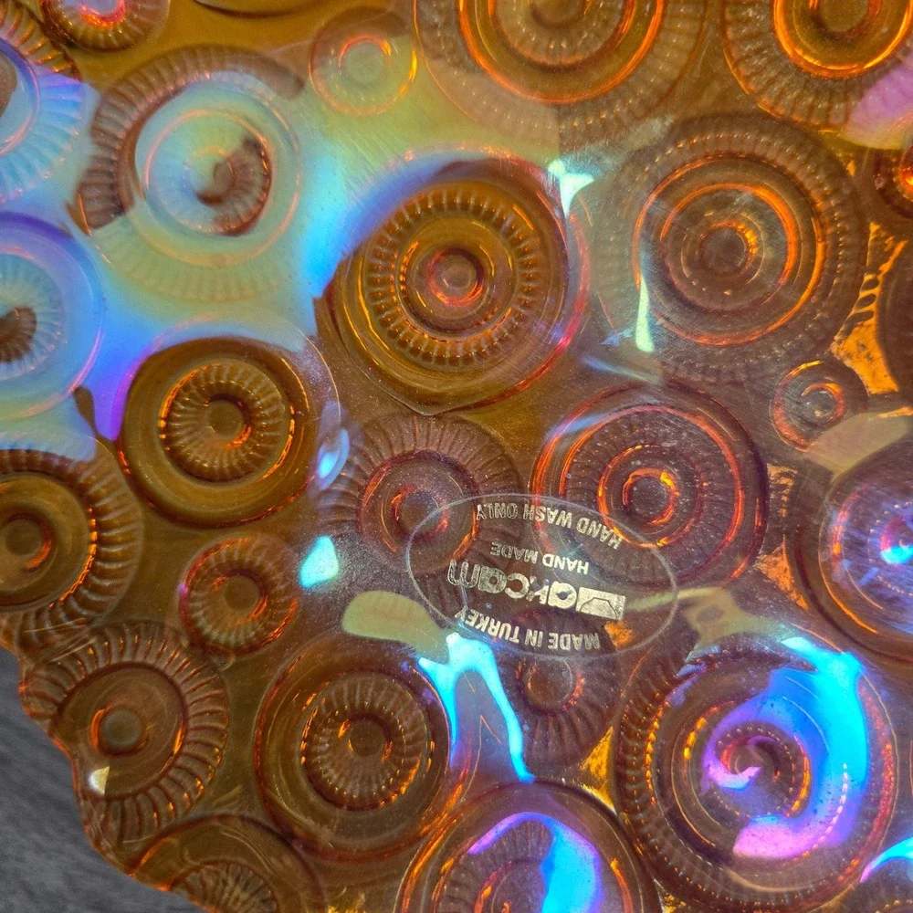 AKCAM Orange Carnival Glass Bowl Ruffled Bullseye Iridescent Turkey Art