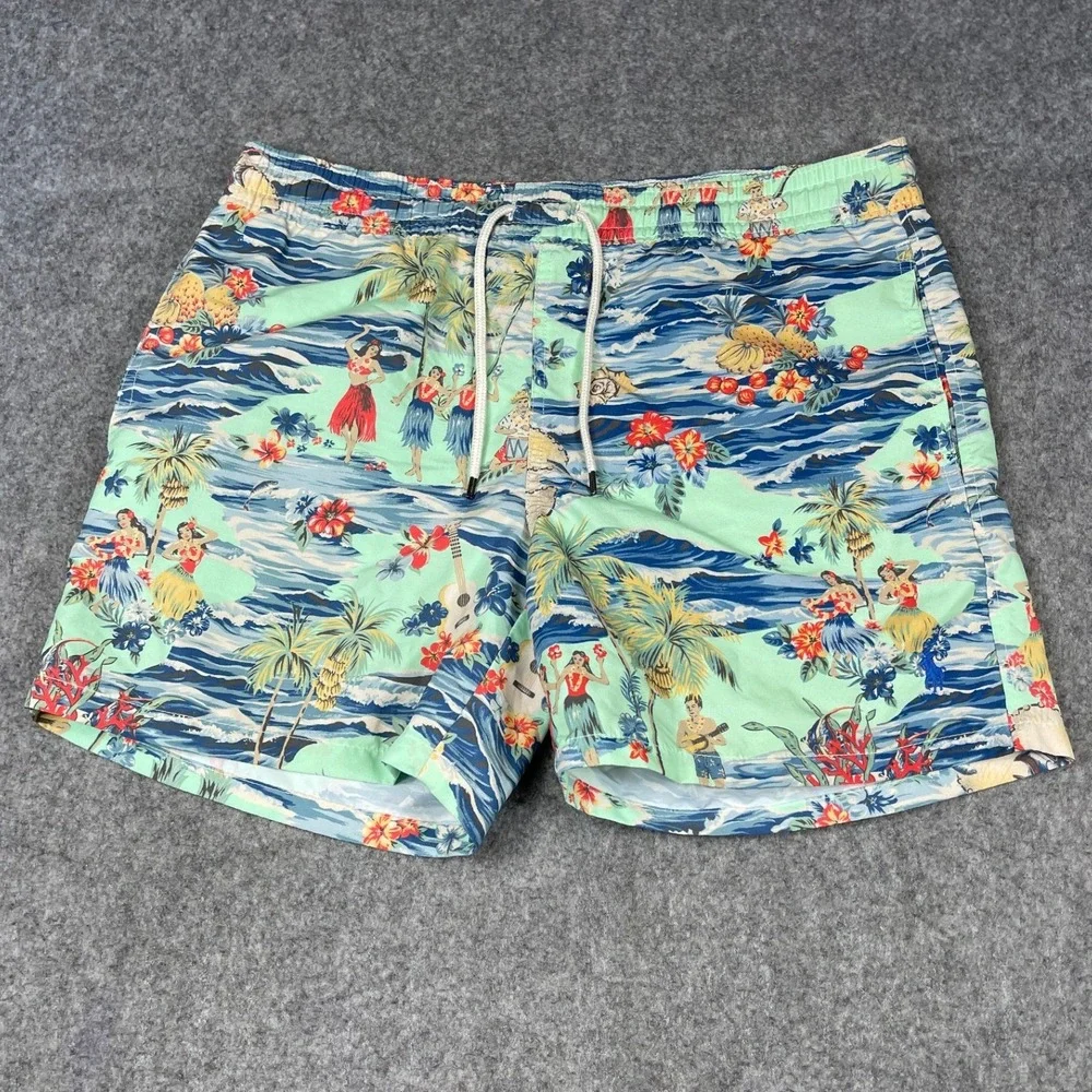 Polo Ralph Lauren Hawaiian Hula Scenic Print Swim Trunks Green Mens Small 6