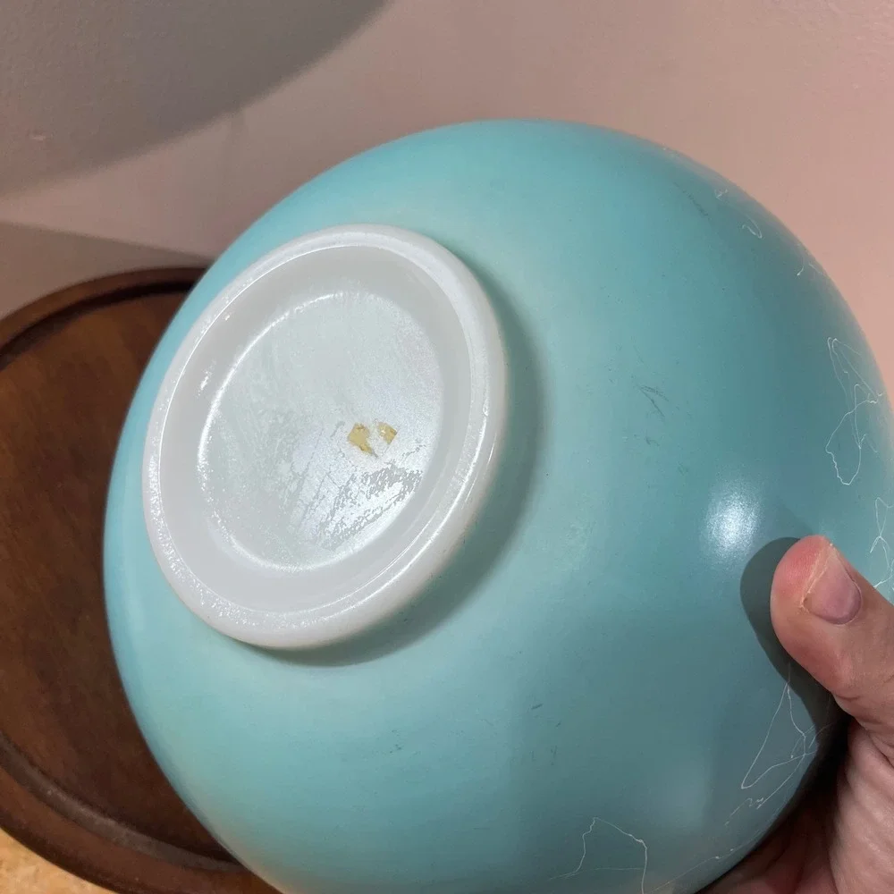 Vtg Hazel Atlas Turquoise Spaghetti Drizzle Milk Glass Mixing Bowl 10