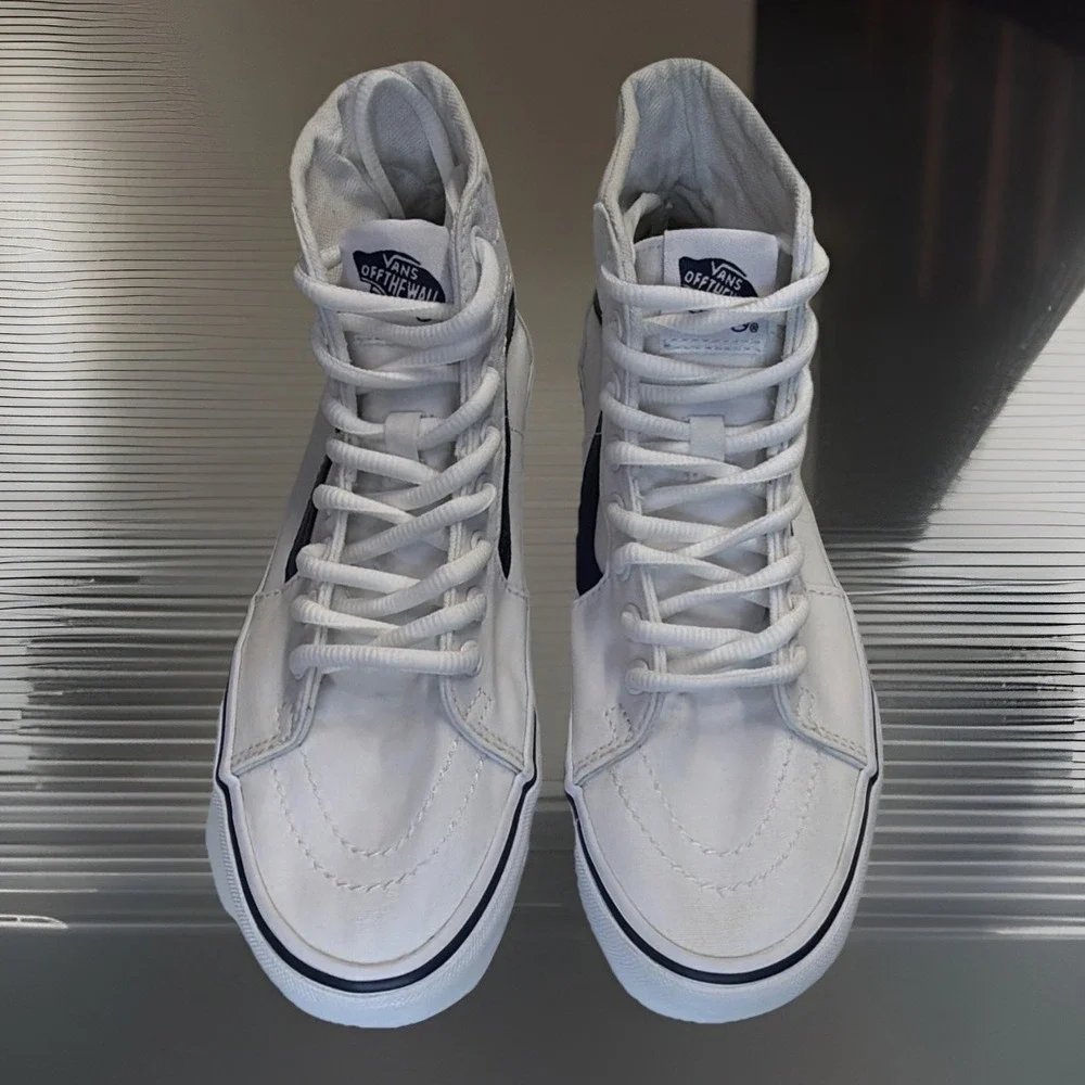 VANS Sk8-Hi Tapered Sport Platform Shoes White Canvas Navy Women 9‎ Men 7.5