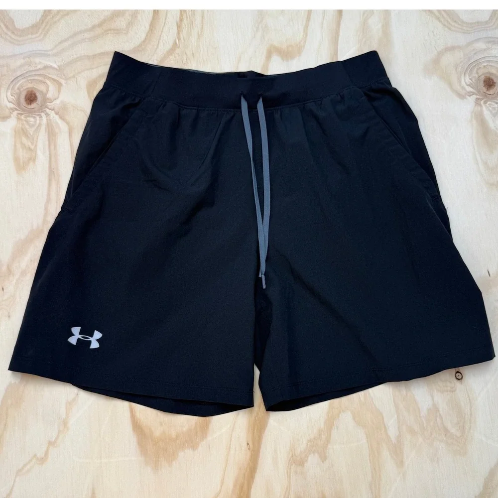 Under Armour HeatGear Speedpocket Running Shorts Mens Large Black Gray Fitted 7