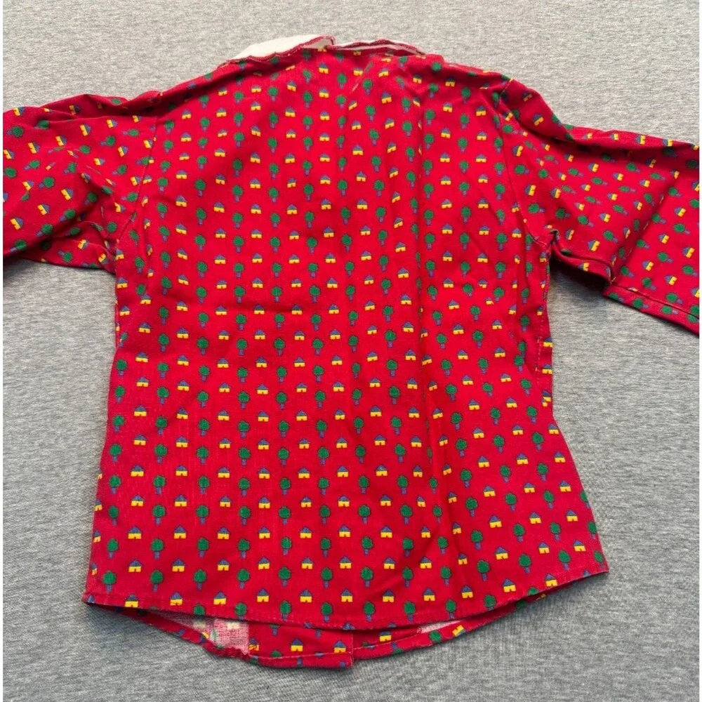 Vintage 80s OshKosh B’Gosh Girls Size 5 Red House Tree Print Blouse USA