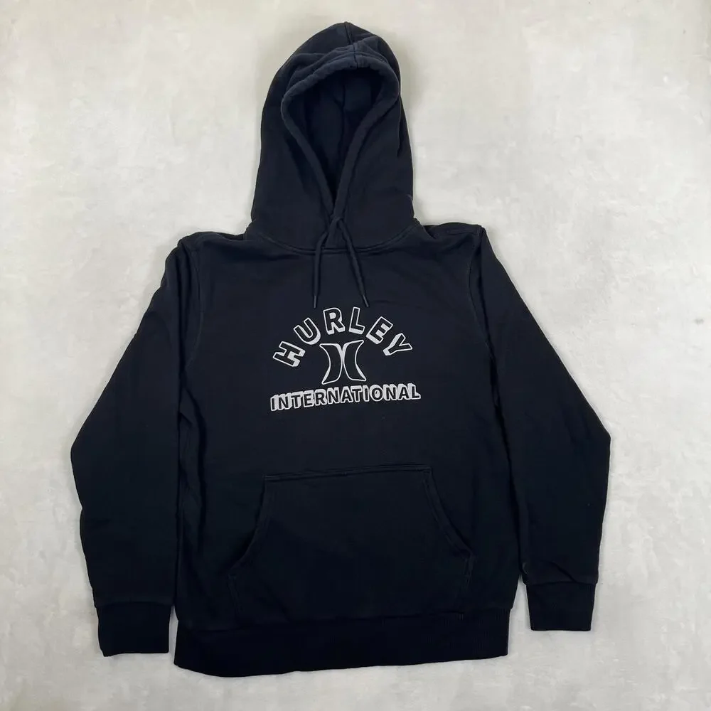 Hurley Hoodie Mens Medium Black Fleece Pullover Sweatshirt Surf Retro Y2K