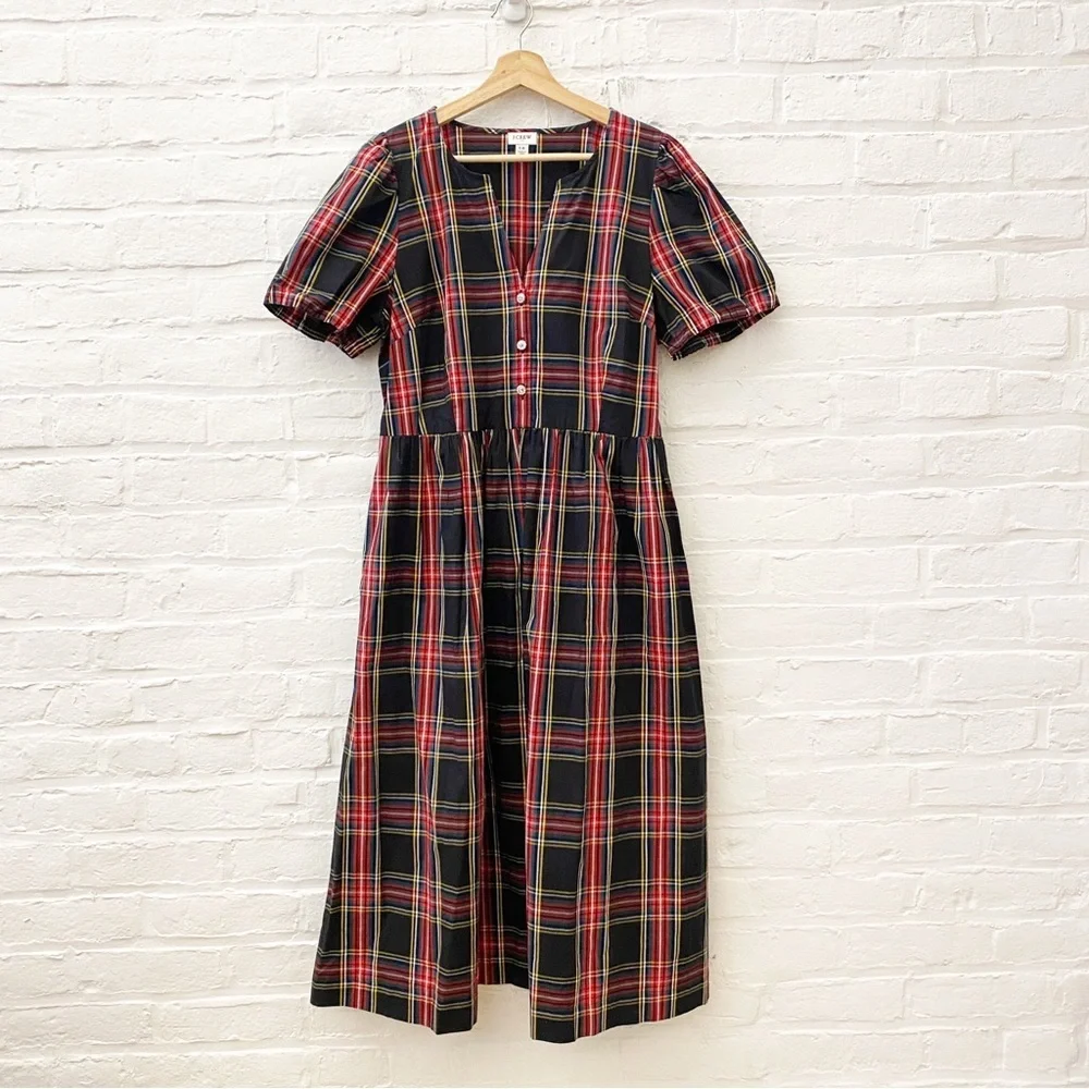 J.Crew || Stewart Tartan Puff-Sleeve Midi Dress With Jeweled Buttons Black 14‎