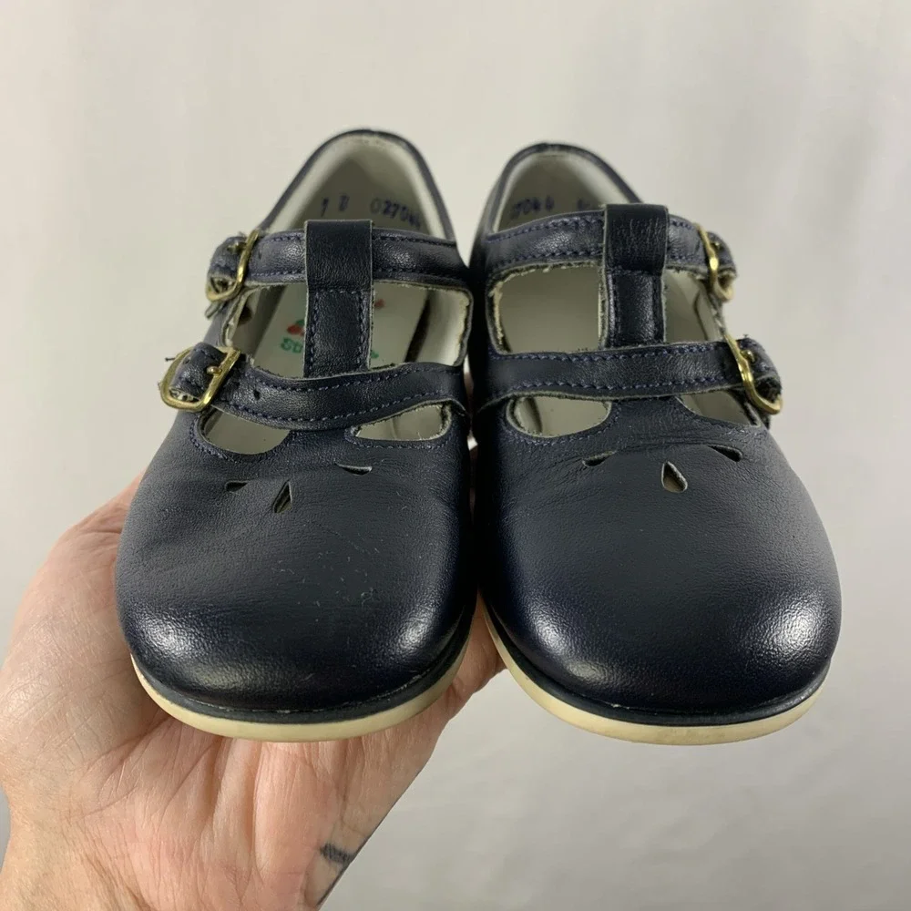 VTG Stride Rite Girls Leather Shoes Size 7 D Navy Hard Soles T Strap Mary Jane