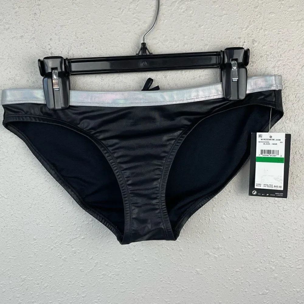 NWT Nike Black and Metallic Silver Swim Bottoms Size L