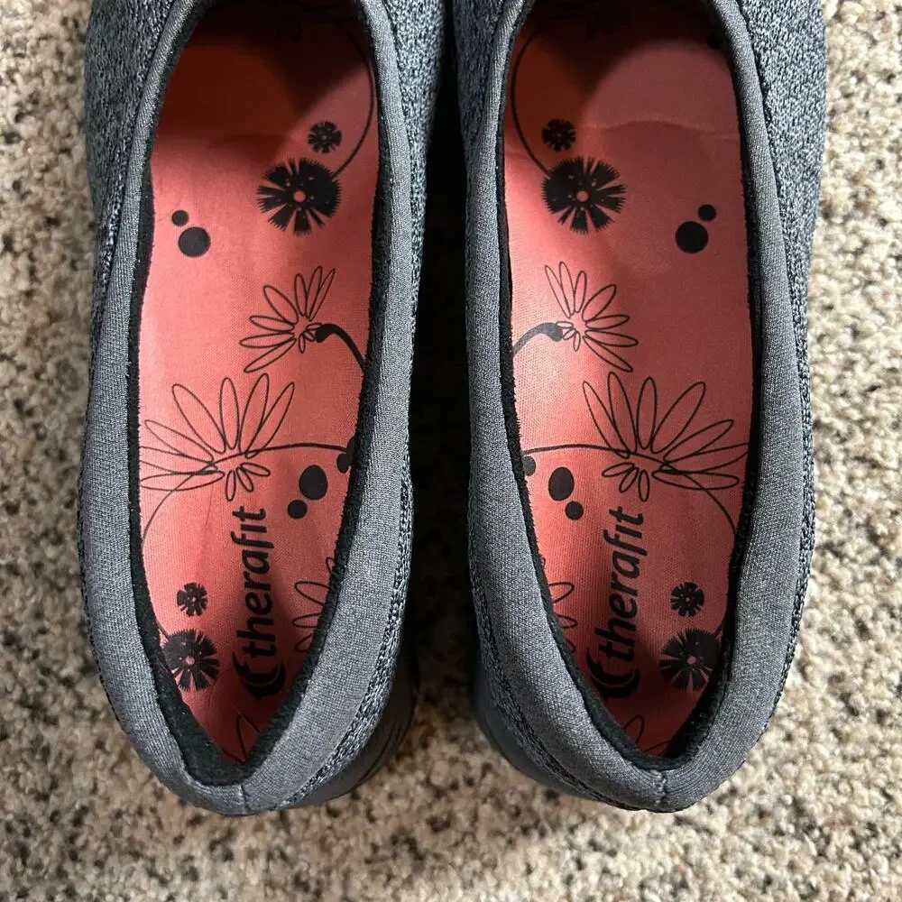 Therafit‎ Riley Ballet Flat Slip On Women Shoes Size 7.5 Grey Black Comfort Arch