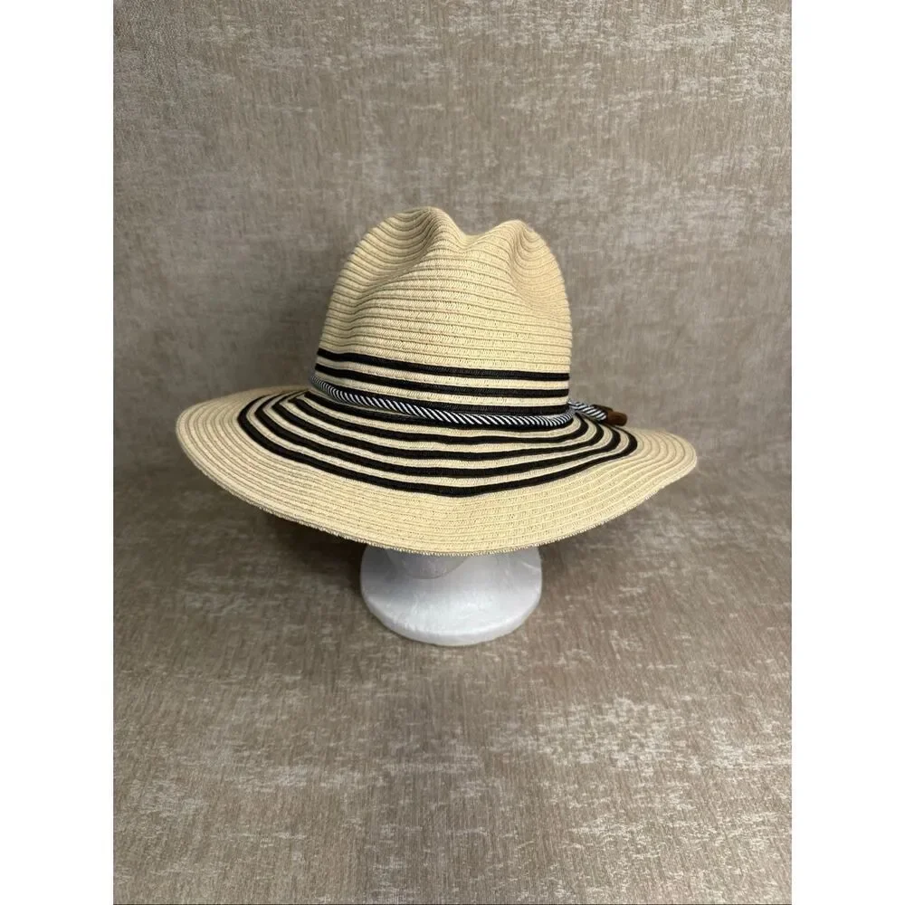 Tommy Bahama Women's Striped Woven UPF 50 Sun Straw Hat Beige Black One Size