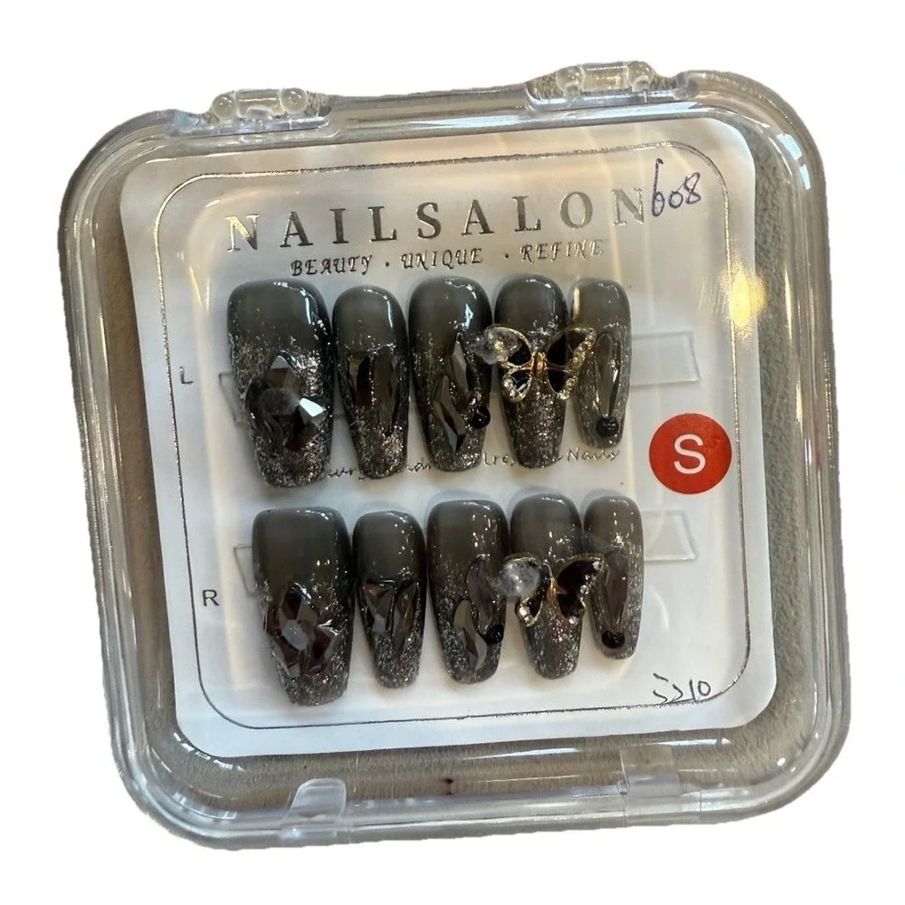 Coffin‎ Nails 3D Butterfly Rhinestone Gem Gunmetal Press On 10 Piece Glamorous