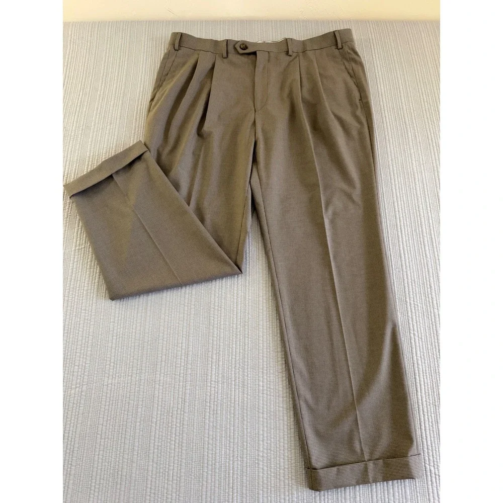 Ralph Lauren Mens Size 38/30 Brown Houndstooth Pleated Cuffed Dress Pants Slacks