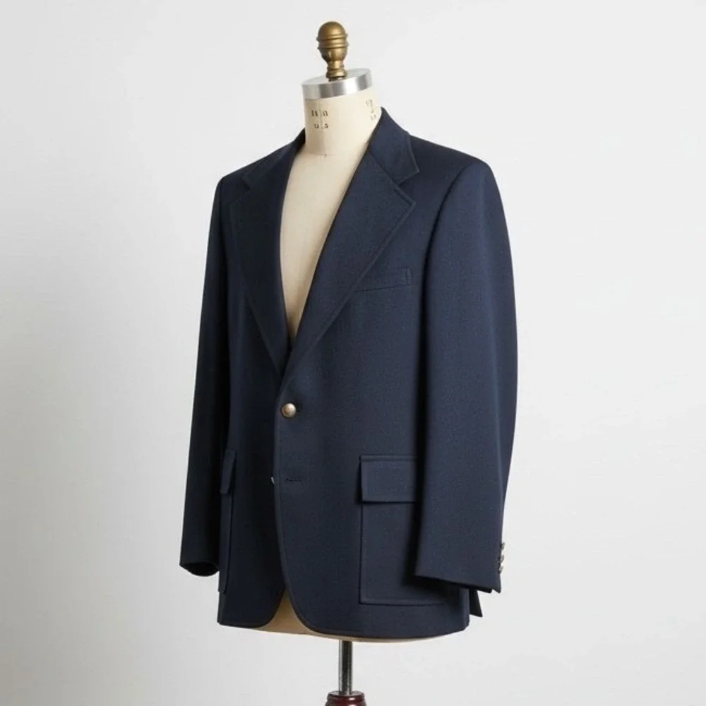 Vintage‎ Wide Lapel Preppy Navy Blue Blazer 38/40R Gold Buttons Hopsack Summer