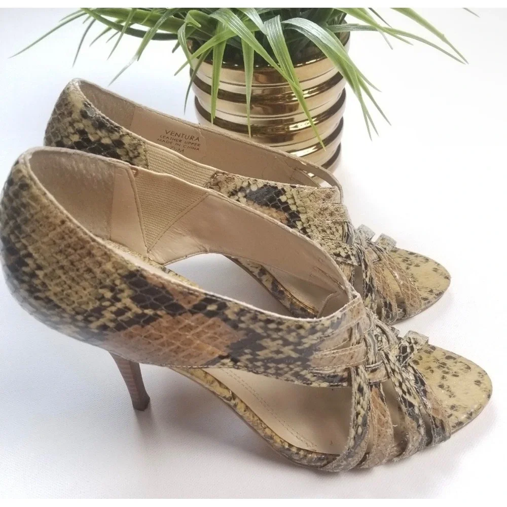 Ellen Tracy Ventura‎ Snakeskin Print Strappy Stiletto Heels Brown Tan Womens 7M