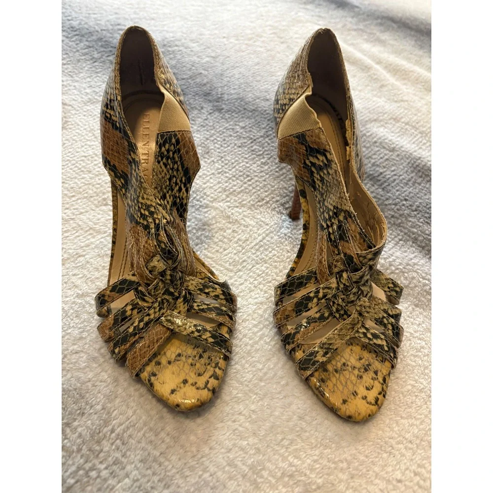 Ellen Tracy Ventura‎ Snakeskin Print Strappy Stiletto Heels Brown Tan Womens 7M