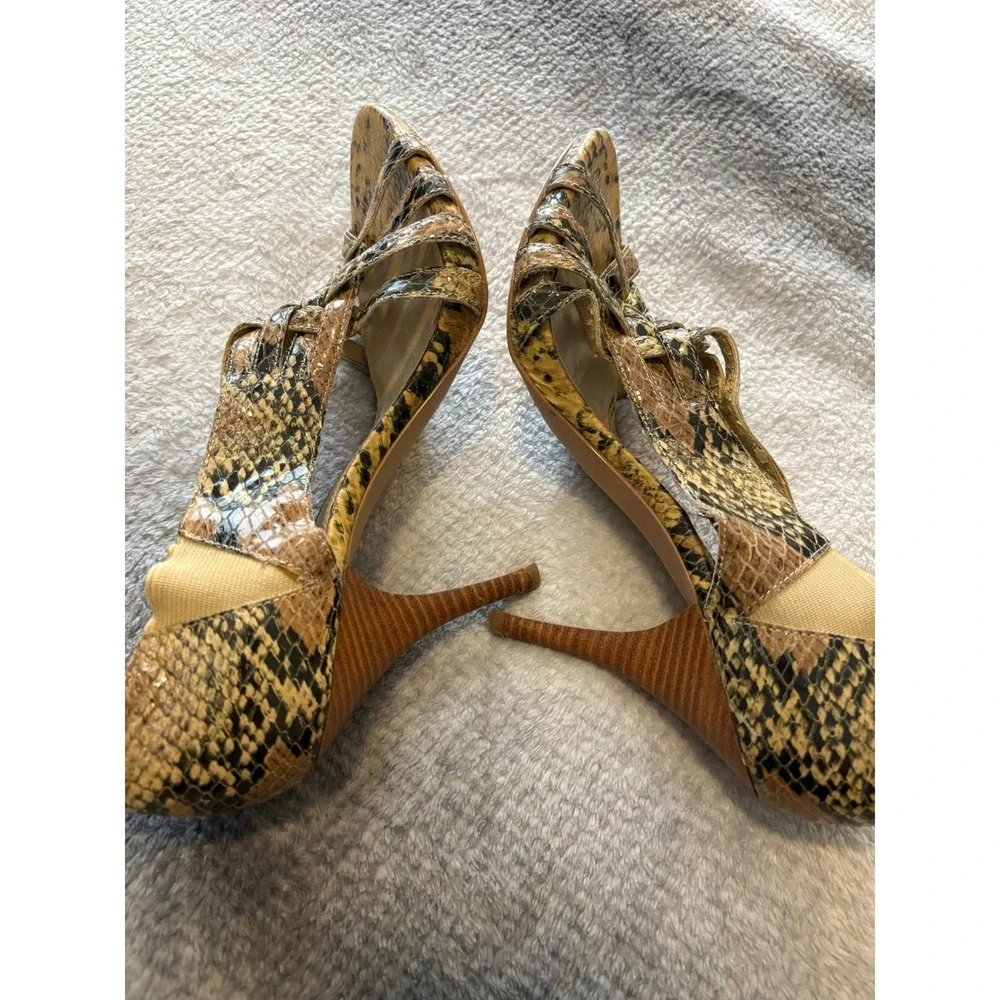 Ellen Tracy Ventura‎ Snakeskin Print Strappy Stiletto Heels Brown Tan Womens 7M