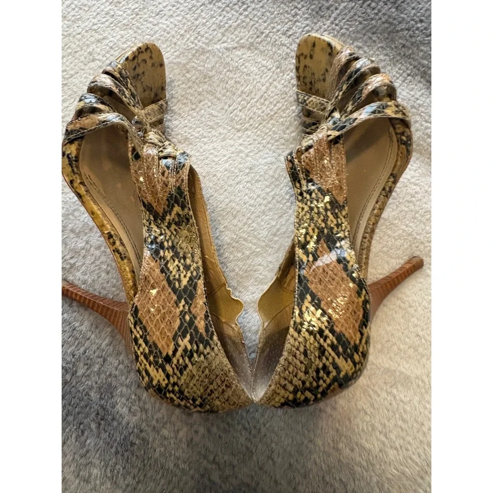 Ellen Tracy Ventura‎ Snakeskin Print Strappy Stiletto Heels Brown Tan Womens 7M