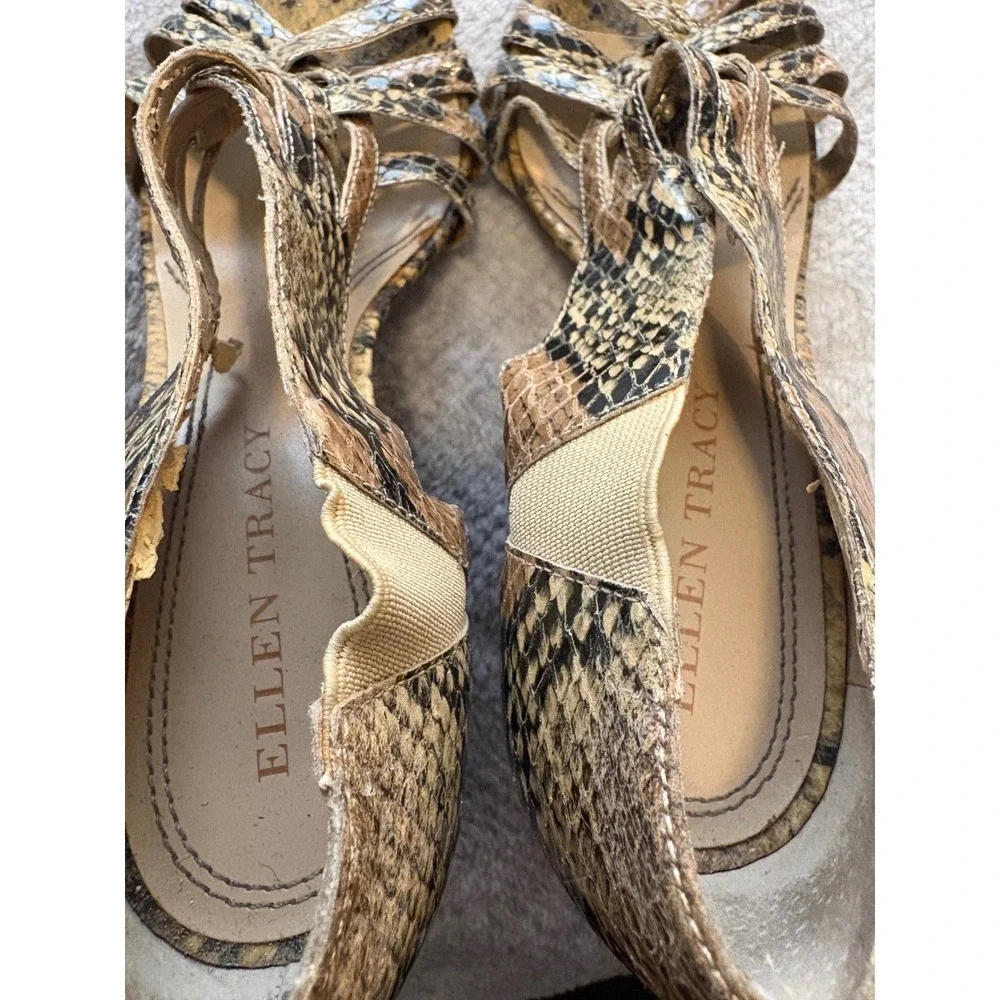 Ellen Tracy Ventura‎ Snakeskin Print Strappy Stiletto Heels Brown Tan Womens 7M