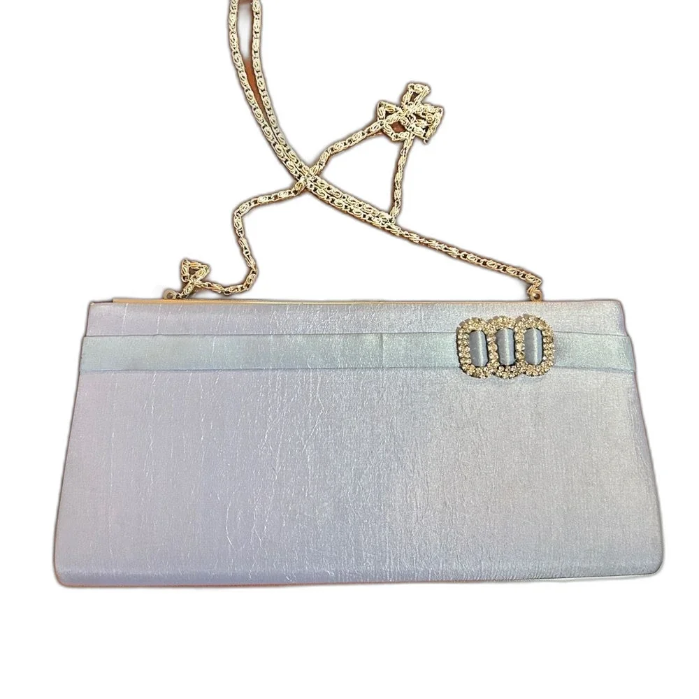 Menbur Powder Blue Evening Clutch Purse Detachable Gold Chain Strap Wedding Prom