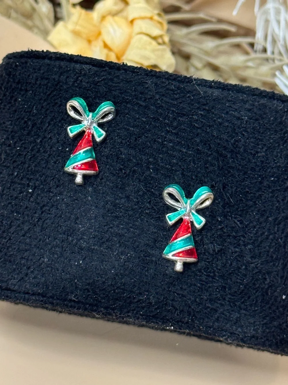 Christmas Tree Bow Enamel Stud Earrings Red Green Silver Tone Holiday