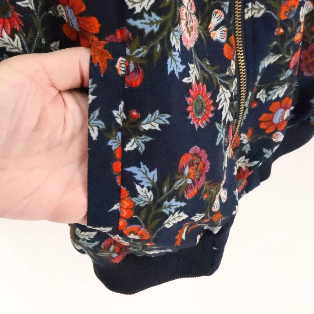 Floral Bomber Jacket Womens Size S Navy Blue Full Zip Pockets Streetwear Indie