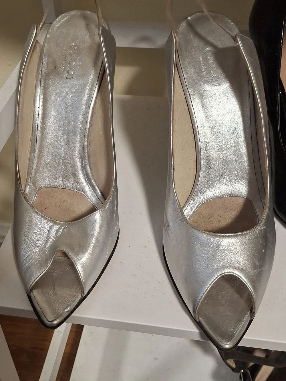 Gucci Silver Metallic Peep-Toe Slingback Heels