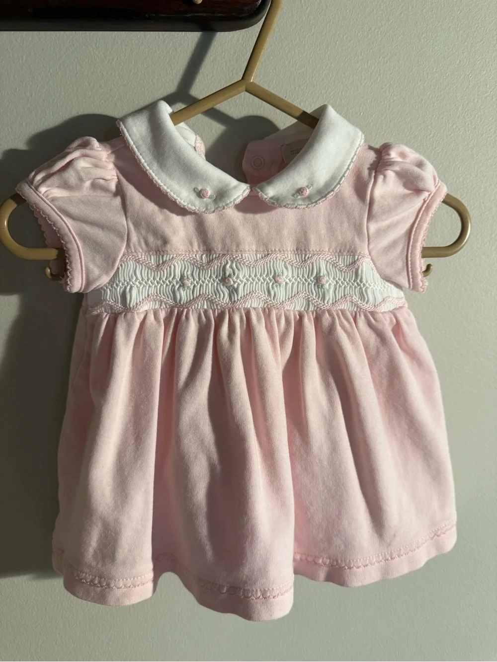 Magnolia Baby Girls Pink Short Sleeve Smocked Dress with Peter Pan Collar