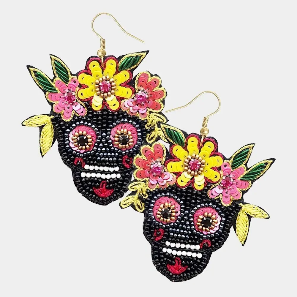 NWT Womens Boutique Felt Back Sequin Seed Bead Sugar Skull Flower Crown Earrings