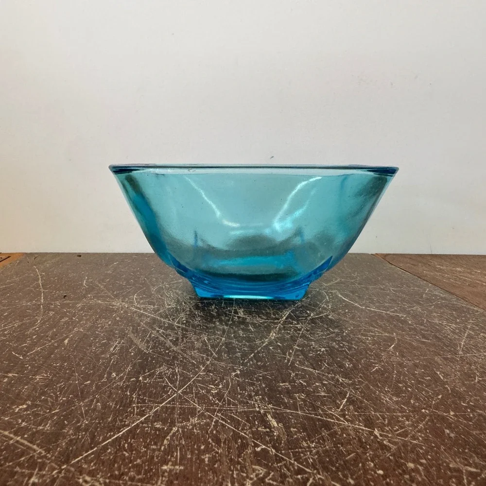 Vintage Aqua Blue Square‎ Art Glass Bowl Mid Century Modern MCM Decorative