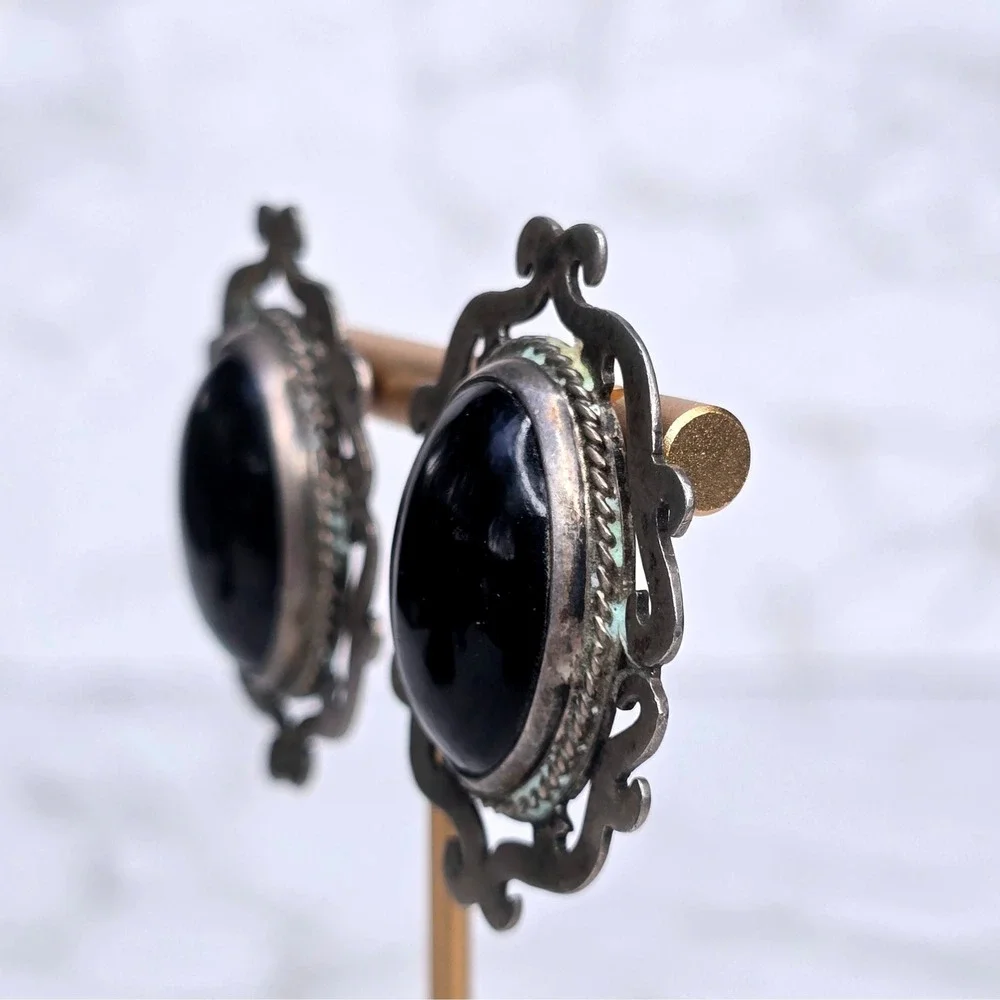 Vintage Taxco Mexico 925 Sterling Silver Black Onyx Post Earrings 23.8g TB-157