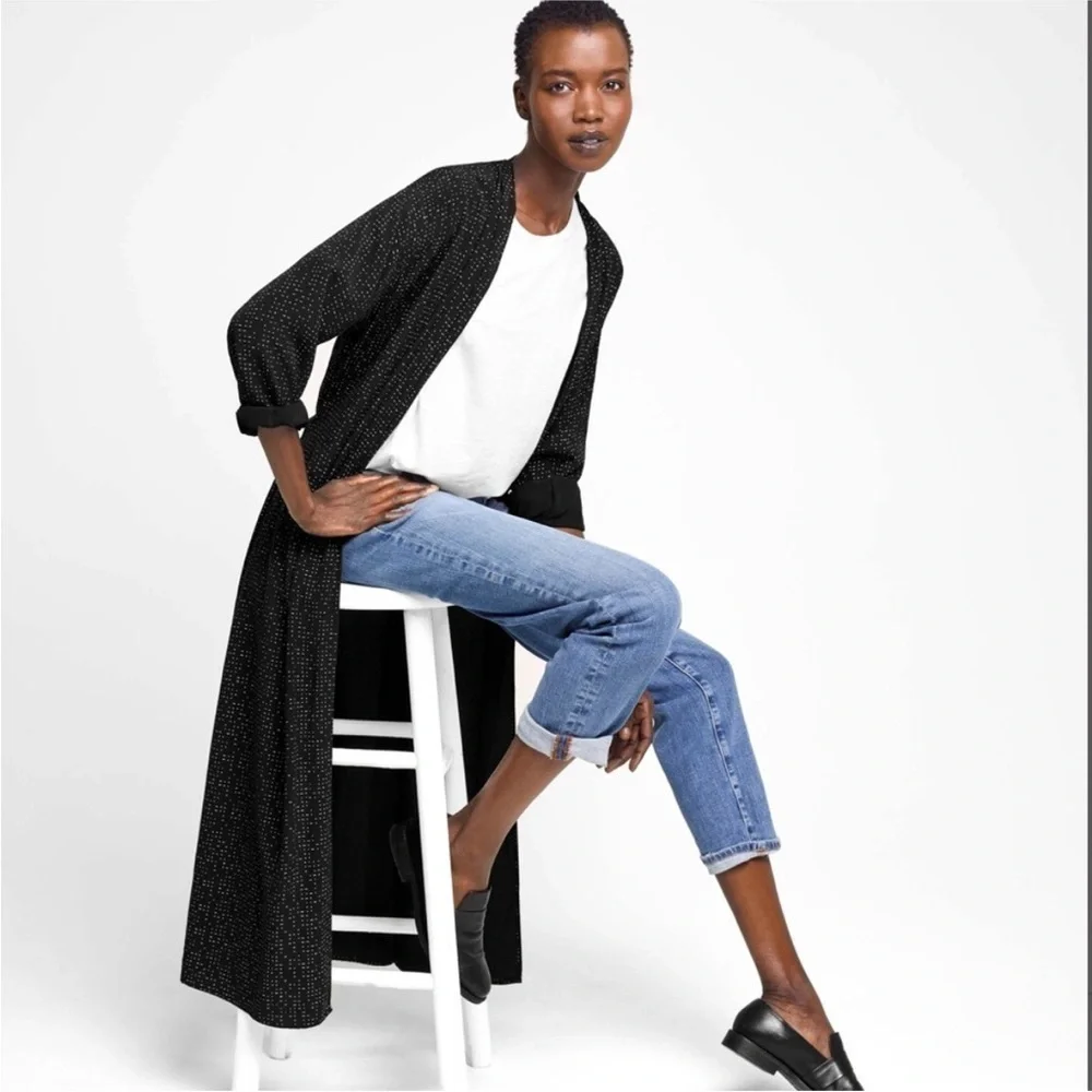 Eileen Fisher Black and White Speck Morse Code Duster Wrap Kimono Cardigan