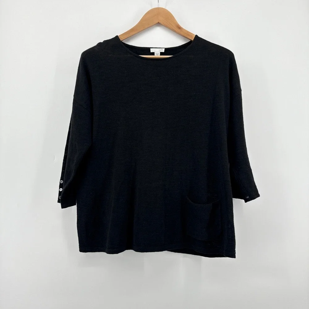 J.Jill Black 3/4 Sleeve‎ Linen Cotton Blend Knit Sweater Top Womens Size Small