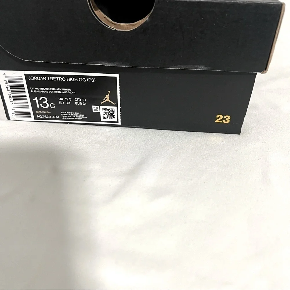 Jordan Air 1 Retro High OG (PS) 13c ‘Dark Marina Blue' Blk/Wht AQ2665-404 EUC