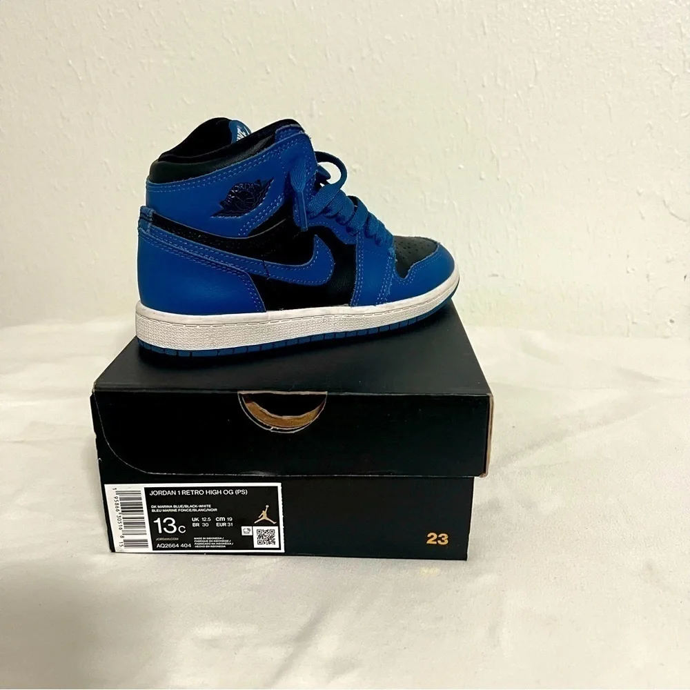 Jordan Air 1 Retro High OG (PS) 13c ‘Dark Marina Blue' Blk/Wht AQ2665-404 EUC
