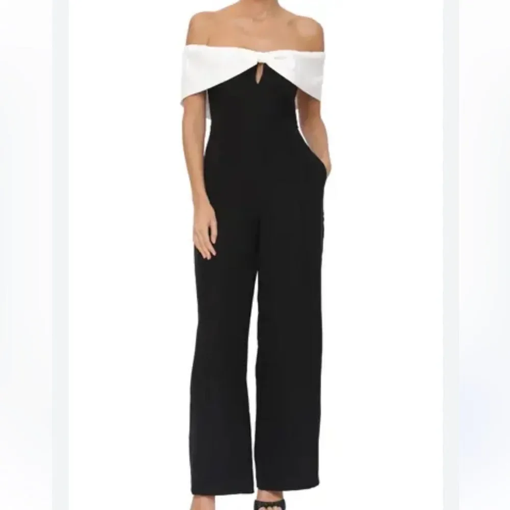 Avec Les Fille Black Crepe Wide Leg Off the Shoulder Jumpsuit | 8