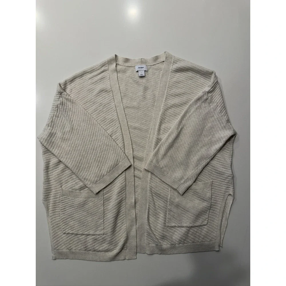 Old Navy Open Front Cardigan Women's L Beige Cotton Blend Textured Knit 3/4