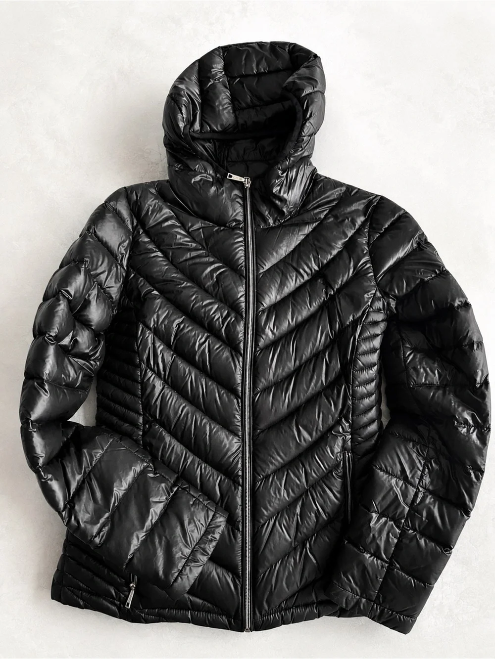 Calvin Klein Black Hooded Chevron Quilted Puffer Jacket