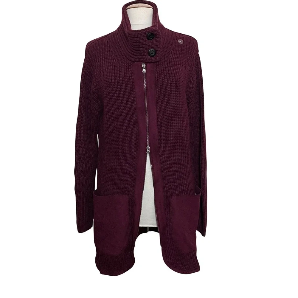NY & Co‎ Womens M Burgundy Knit Cardigan Longline Sweater Cozy Heritage Academia