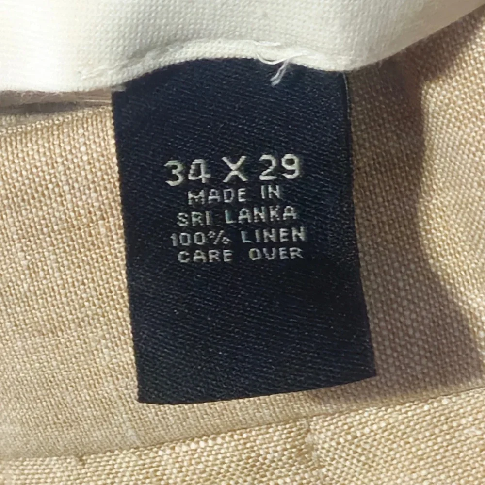 Jos. A. Bank Linen Trousers Men 34x29 Tan Pleated Cuffed Traveler's Collection