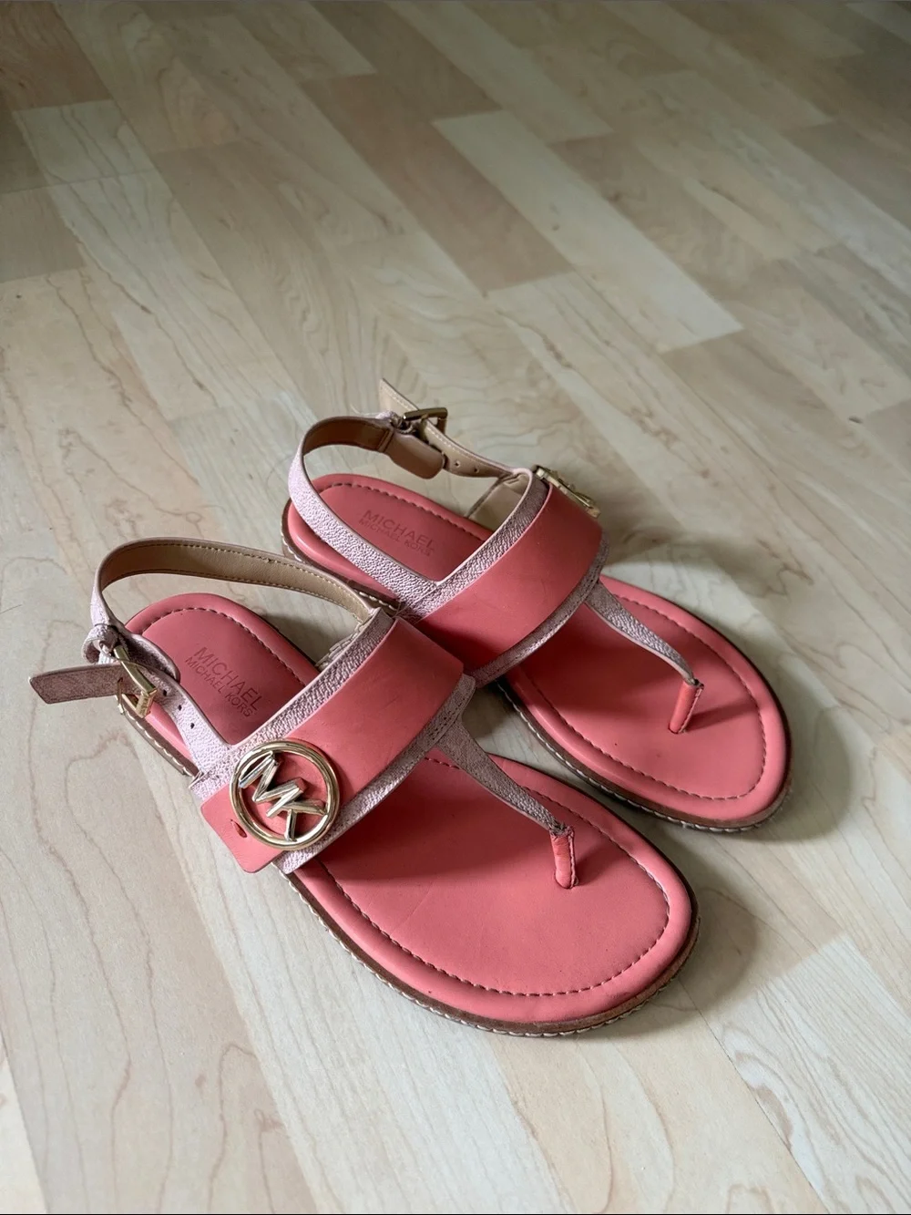 Michael Kors Coral Pink Leather T-Strap Sandals with Gold MK Accent