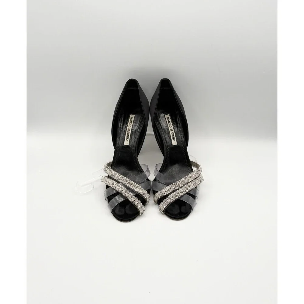 Manolo Blahnik Black Satin & Rhinestone Cross Strap Heels Size EU 38.5
