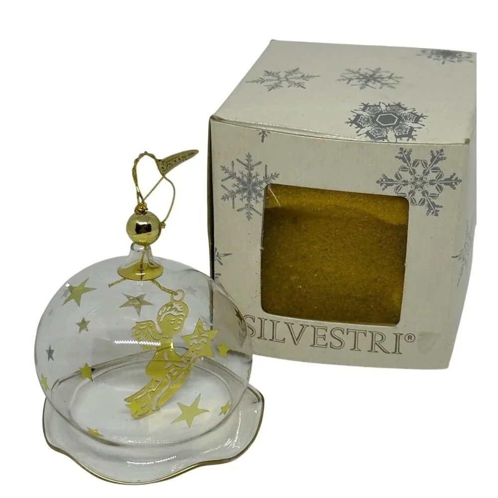 VTG Silvestri Glass Bell Ornament Gold Angel Star Dome Boxed 2