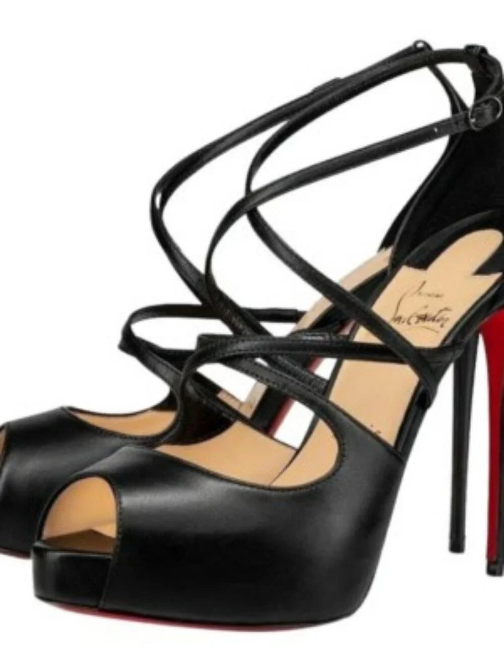 Christian Louboutic Holli Alta Black  Strappy Peep-Toe High Heels with Red Sole