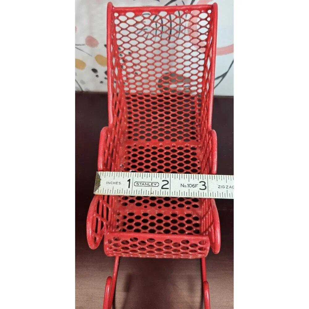 Red Enamel on Metal Wire Basket Christmas Tabletop Santa Sleigh Decor Storage