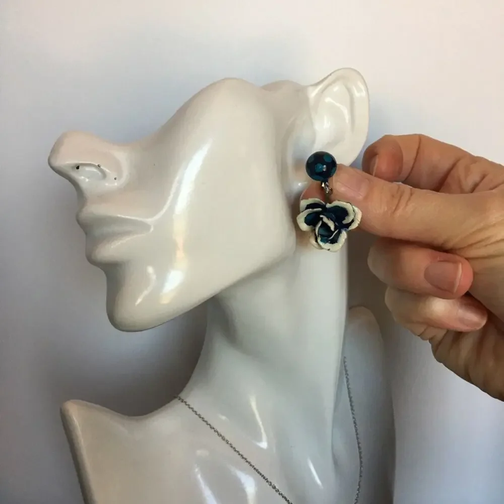 Vintage hand-painted blue pansy clip-on earrings