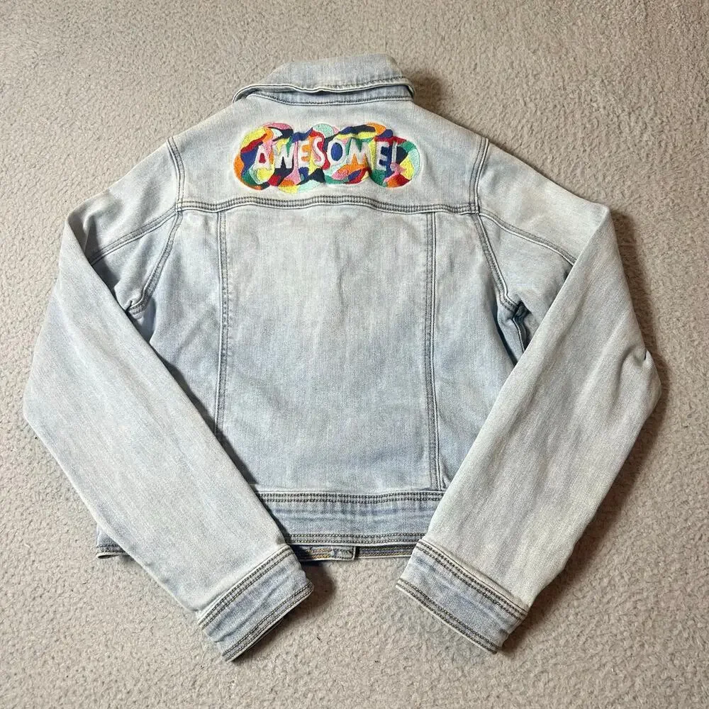 Cat & Jack Denim Jacket Girls L Blue Stretch Embroidered‎ Awesome Jean Jacket