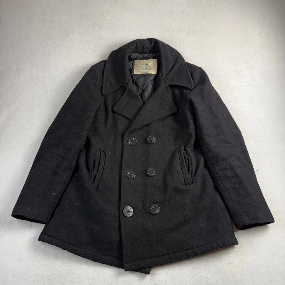 USN Woolrich Navy Pea Coat Black‎ Wool Double Breasted Anchor Button Size M